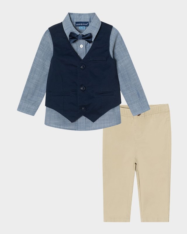Boy's Plaid Button Down Bodysuit W/ Vest & Bowtie Set, Size Newborn-24